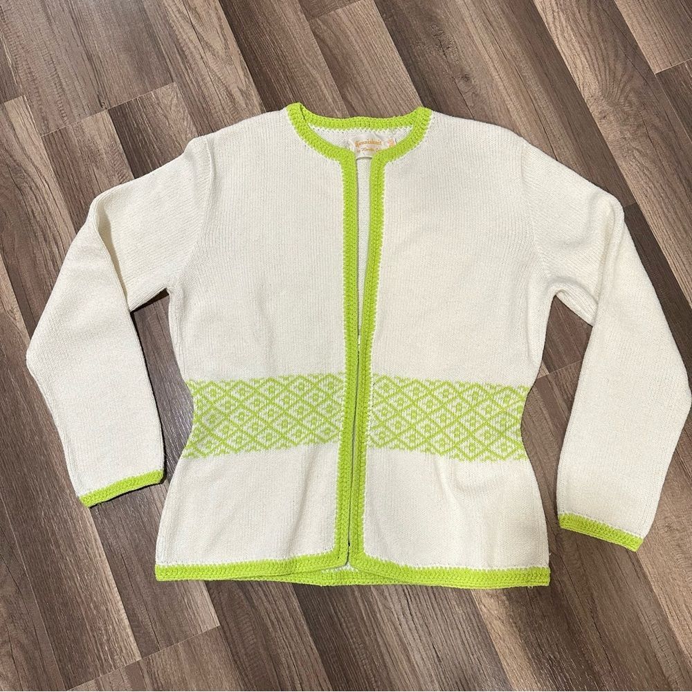 Vintage TennisKnit by Hampton Court zip sweater 1970”s white + lime green S